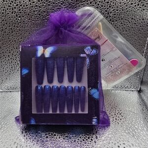 Long Coffin Matallic Blue Press-On Nails